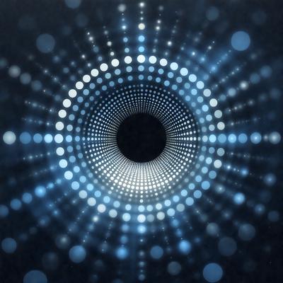 The primary subject of the image is a large, brightly lit circle with a black center. The circle is surrounded by a blue background, giving it a vibrant and luminous appearance. The visual style of the image is digital art, as it features a complex and intricate pattern. The colors and mood of the image are predominantly blue and bright, creating a sense of energy and dynamism.